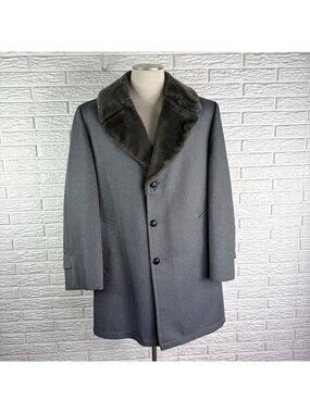 Vintage 70s Casualcraft Mens Grey Overcoat Faux Fur Collar Size 42 Long